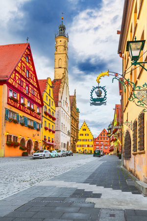 Rothenburg ob der Tauber, Bavaria. Picturesque medieval town in Germany, known for its well-preserved old-world charm.の写真素材