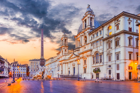 Rome, Italy. Piazza Navona and Sain Agnese Church, dowontown on the site of the Domitian ancient Stadiumの写真素材