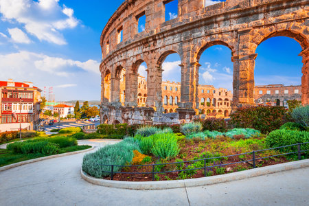 Pula, Croatia. Famous Ancient Roman Amphitheatre in Croatia, iconic stone structure, well-preserved arena in Dalmatia.の写真素材