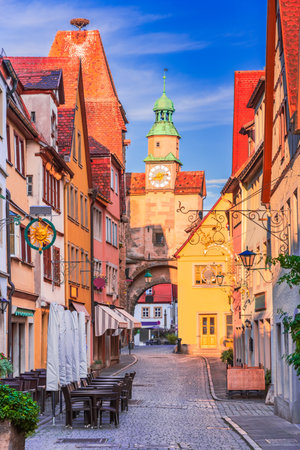 Rothenburg ob der Tauber, Germany. Markusturm and old downtown - Franconia historical region in Bavaria. Romantic Road famous scenic route.の写真素材