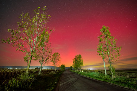 Northern lights or Aurora Borealis in night sky over Romania during a solar geomagnetic stormの写真素材