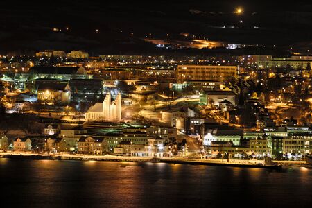 Akureyri at night, Icelandの写真素材