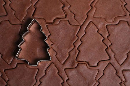 Christmas tree cookie cutter on a sheet of cookie doughの写真素材