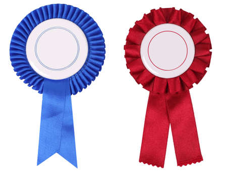 Blue and red rosettes, with copy spaceput your own text into it :)の写真素材