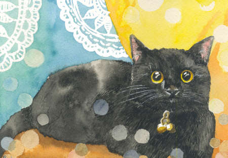 watercolor painting illustration cat kitty kitten adorableの写真素材