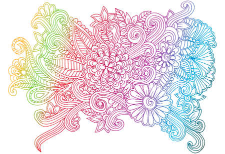 Doodle flowers. Line art hand drawing floral patternのイラスト素材