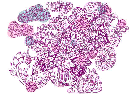 Handdrawn floral doodles and falling planeのイラスト素材