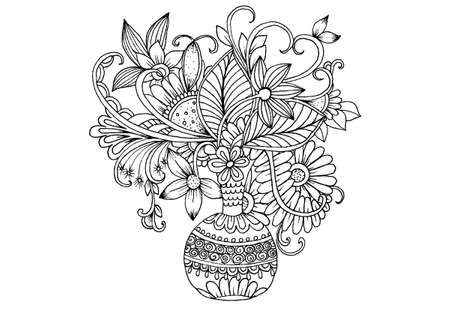 Vector floral illustration in black and white for coloring. Bouquet of flowers in a vaseのイラスト素材