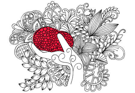 Red heart in hand on a flower carpetのイラスト素材