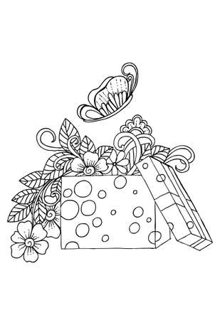 Doodle flowers and butterfly in gift boxのイラスト素材