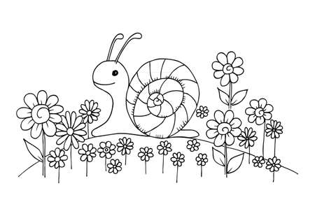 Doodle snail and flowers on a whiteのイラスト素材
