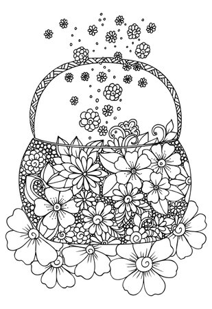 Bouquet of flowers in a basket. Doodle floral imageのイラスト素材