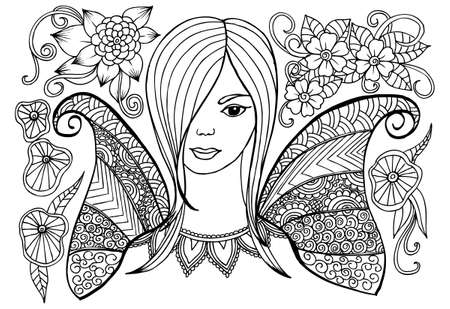 Vector flowers doodle and girl in black and white for adult coloring bookのイラスト素材