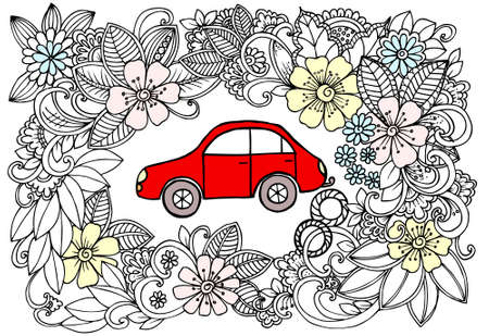 Vector doodle flower frame and a red car in centerのイラスト素材