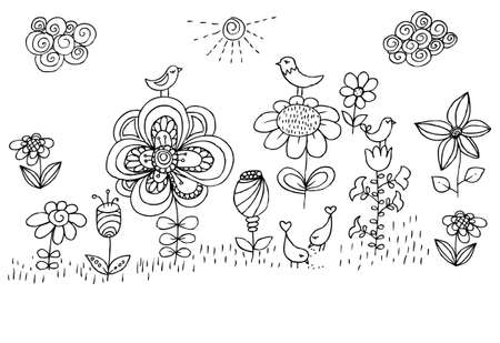 Children drawing of flowers and birds. Illustration with shining sun, sky clouds and floral pattern.  Doodles.のイラスト素材