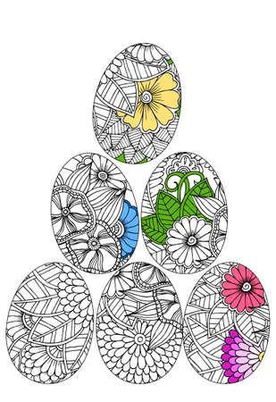 Easter eggs for coloring. Six design elements with flower patternのイラスト素材