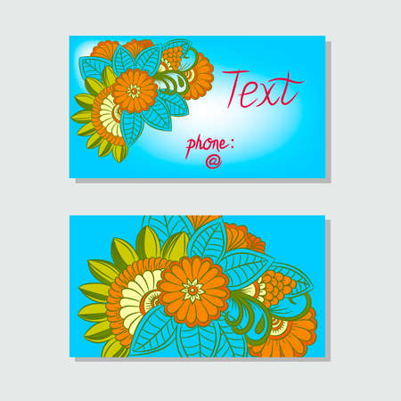 Vector business card with flowers on blue background.のイラスト素材