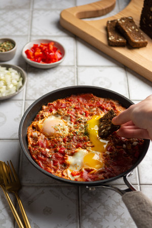 Woman eats shakshuka for breakfast, dips bread into the yolk. Fried eggs cooked in tomato sauce with red paprika, onion and spices. Vegetable ingredients on a tile background.の写真素材