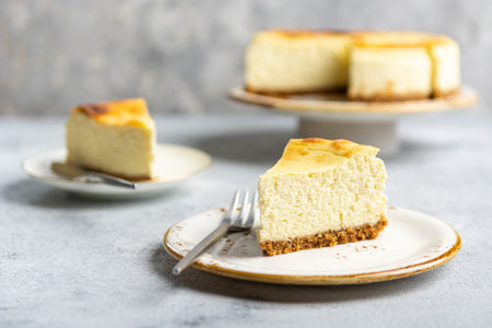 Cottage cheese casserole on shortbread on a white ceramic plate on a concrete light gray background. Portioned sliced cheesecake pie.の写真素材