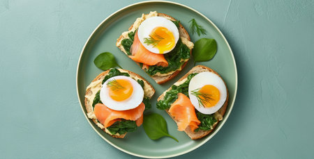 Scandinavian breakfast. Savory toasts with lightly salted salmon, soft-boiled eggs, stewed spinach and dill on a plate against a concrete colored background. AIの素材