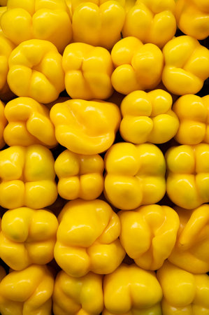 Top view yellow bell peppers, background pattern. Close-up organic vegetables on the counter of the store. Farmer natural products on the market.の写真素材