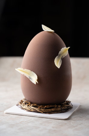 Chocolate Easter Egg cake decorated with white chocolate feathers and nest against a dark background. Holiday dessert. Selective focus.の写真素材