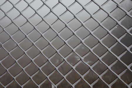 Hard rime on wire mesh fence. forest background. icy metal fence.の写真素材