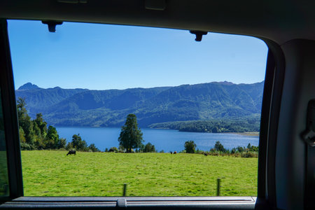 View from the window of a car of a cow eating on the hill with the lake behindの写真素材
