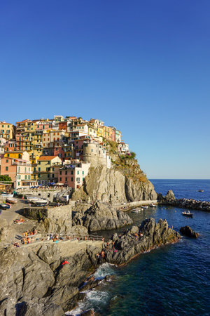 View of the beautiful tourist town in Cinque Terre, Manarolaの写真素材