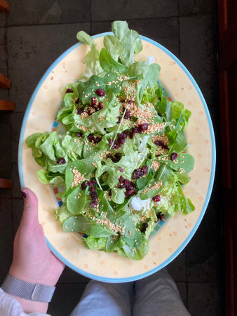 A person holding a plate with a big fresh saladの写真素材