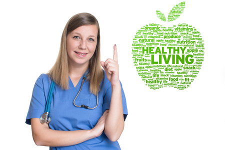 Female doctor pointing up one finger to Healthy lifeの写真素材