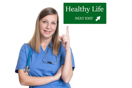 Female doctor pointing up one finger to Healthy lifeの写真素材