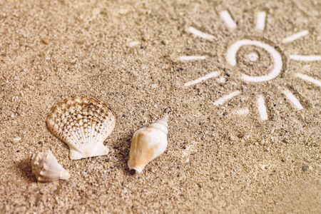 Simple sun drawing in the sand and seashellsの写真素材