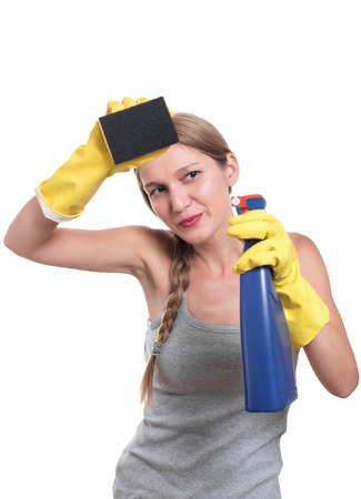 Tired cleaning womanの写真素材