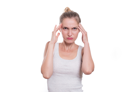 Woman having headache, isolated on white backgroundの写真素材