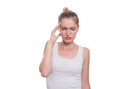 Woman having headache, isolated on white backgroundの写真素材