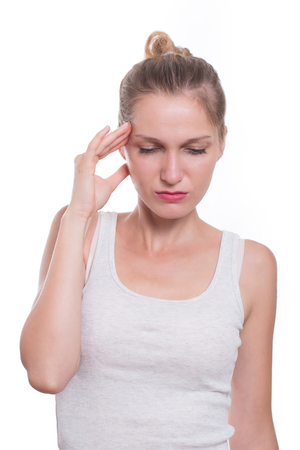 Woman having headache, isolated on white backgroundの写真素材
