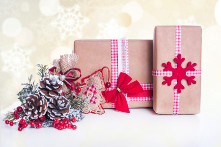 Christmas decoration and gifts on abstract backgroundの写真素材