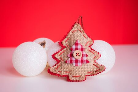 Christmas balls on red backgroundの写真素材
