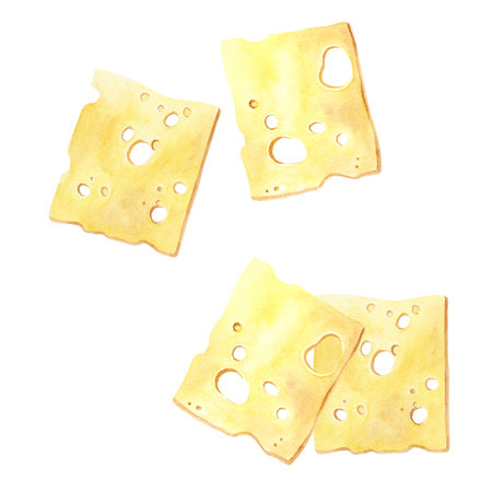 Set of yellow cheese slices with holes. Watercolor illustration isolated on white backgroundの写真素材