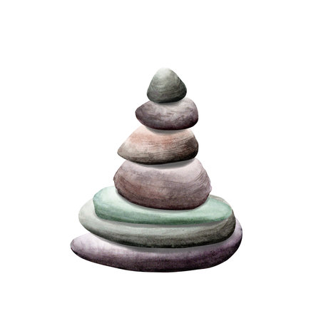 A stack of zen yoga spa pebbles, stones. Hand drawn watercolor illustration isolated on white, for clip art, invitationsの写真素材