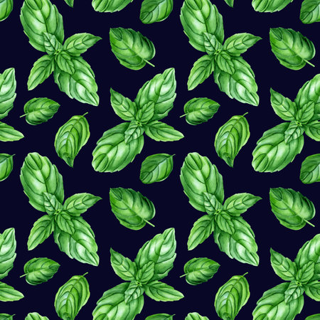 Watercolor seamless pattern with basil herb. Botanical illustration for wrapping, wallpaper, fabricの写真素材