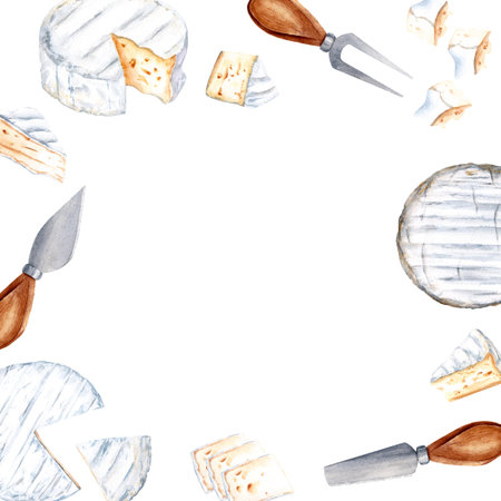 Square frame with Brie, Camembert cheese and knives. Watercolor illustration isolated on white for cards, menuの写真素材
