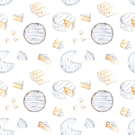 Watercolor seamless pattern with Camembert cheese. Hand drawn illustration for wrapping wallpaper fabric textileの写真素材