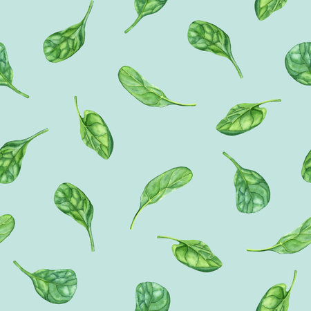 Watercolor repeat pattern, seamless pattern with leafy green flowering plant spinach. Hand drawn illustrationの写真素材
