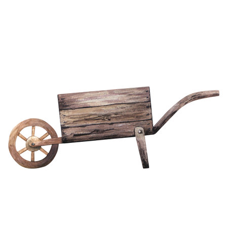 Antique rustic old empty wooden wheelbarrow. Hand drawn horticultural sundry. Watercolor illustration isolated on white background. For clip art posters flyersの写真素材