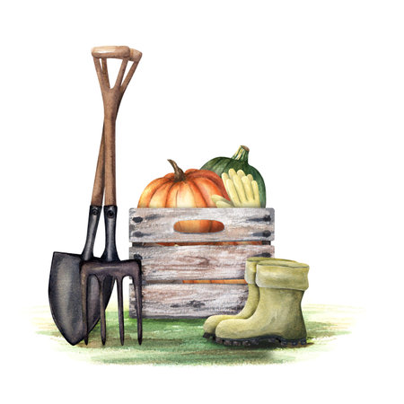 Composition with vintage wooden crate, box with pumpkins, gumboots, gardening gloves and spade, shovel, pitchfork on the ground. Watercolor illustration isolated on white. For clipart label packageの写真素材