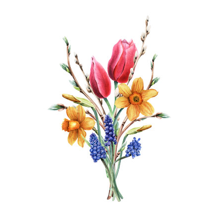 A bouquet of spring flowers. Pink tulips, yellow daffodils, narcissi, blue grape hyacinth, Muscari, pussy willow branches. Hand drawn botanical watercolor illustration isolated on white background. For clip art cards invitationの写真素材