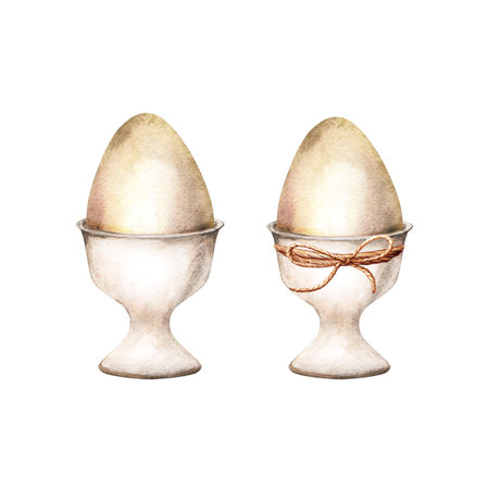 Two egg cup holders with egg. Ceramic egg serving stand. One with twine bow tie. Easter decoration. Hand drawn watercolor illustration isolated on white. For clip art cards invitation label package.の写真素材