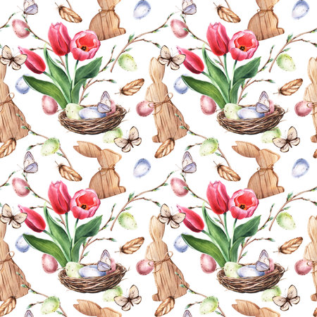 Seamless, repeat pattern with wooden bunny decoration, nest with Easter eggs, tulips, pussy willow branches, butterflies, and feathers. Hand drawn watercolor illustration. For wrapping fabric textileの写真素材
